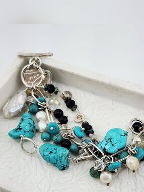 BANGLE HANDMADE BRACELET TURQUOISE, ONYX & PEARLS HANDMADE IN STERLING SILVER